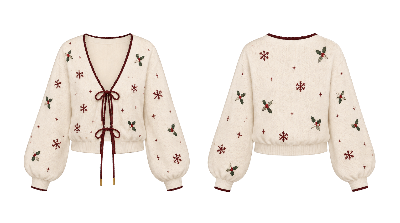 Cardigan La Dormeuse à motifs flocons et gui, vue de face et de dos