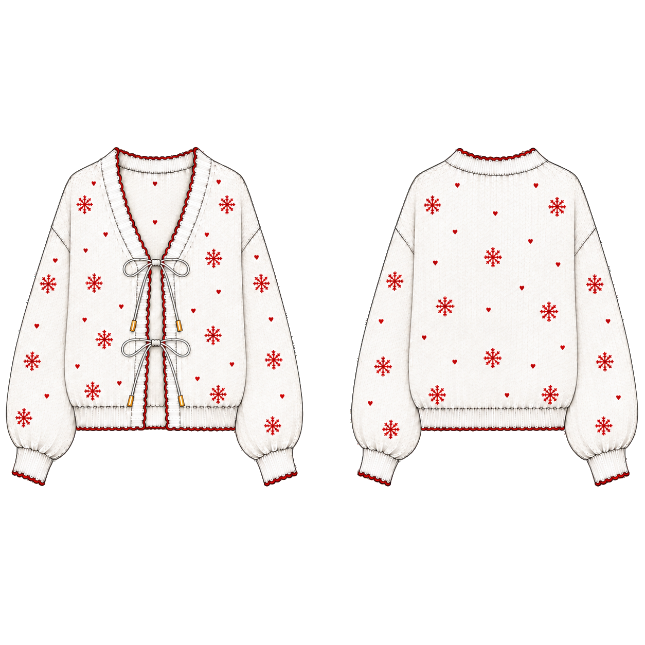 Cardigan La Dormeuse à motifs flocons et cœurs, vue de face et de dos