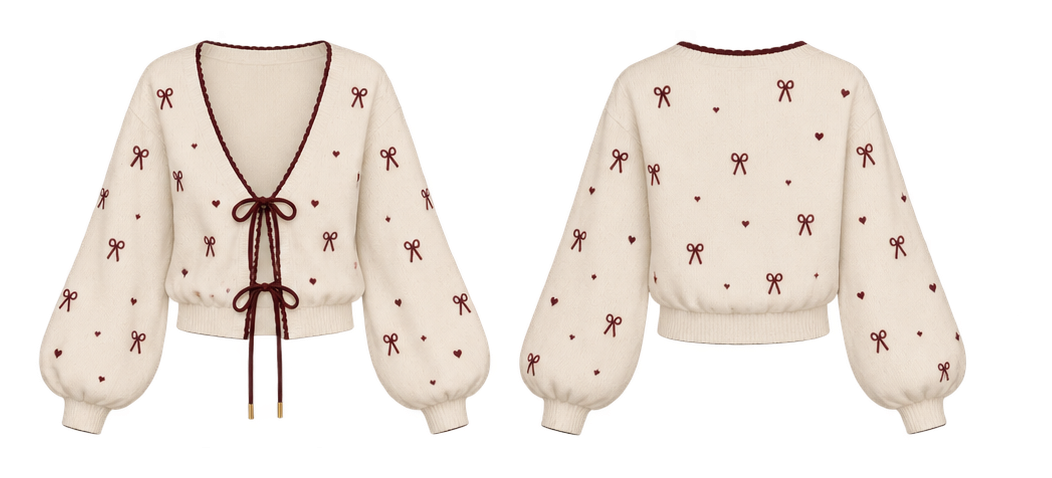 Cardigan La Dormeuse à motifs rubans et cœurs, vue de face et de dos