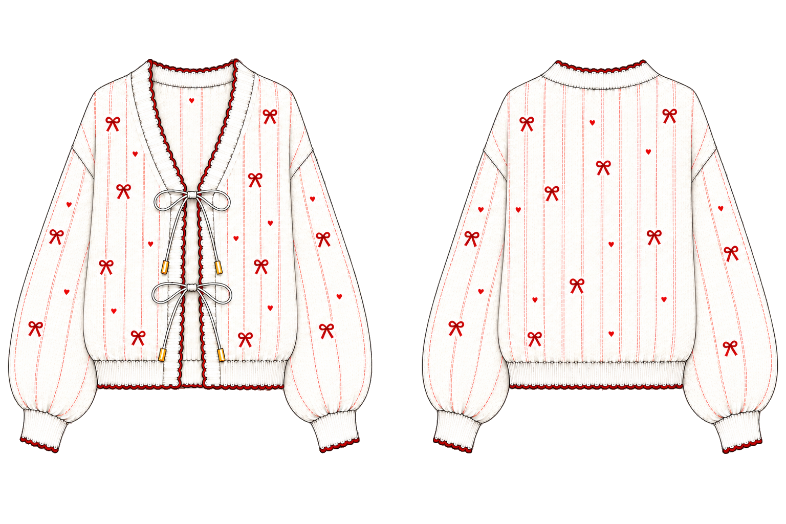 Cardigan La Dormeuse à motifs rubans et cœurs, vue de face et de dos
