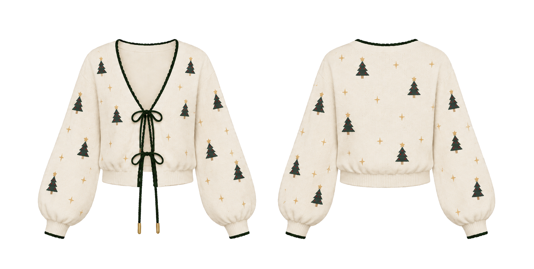Cardigan La Dormeuse à motifs sapins et étoiles, vue de face et de dos
