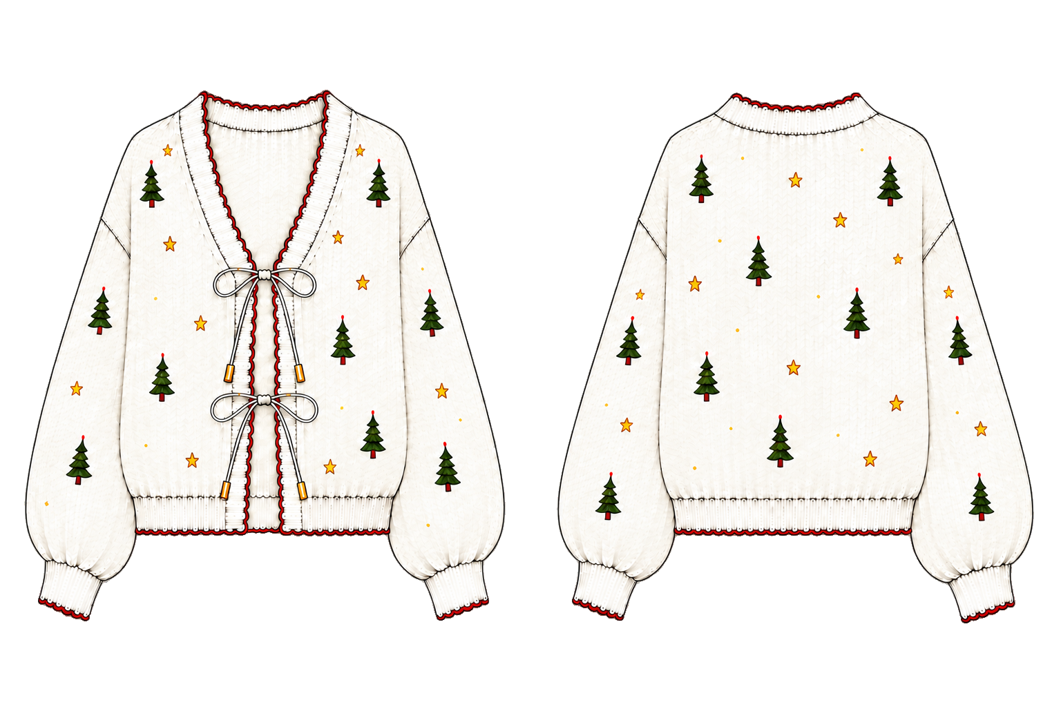 Cardigan La Dormeuse à motifs sapins et étoiles, vue de face et de dos